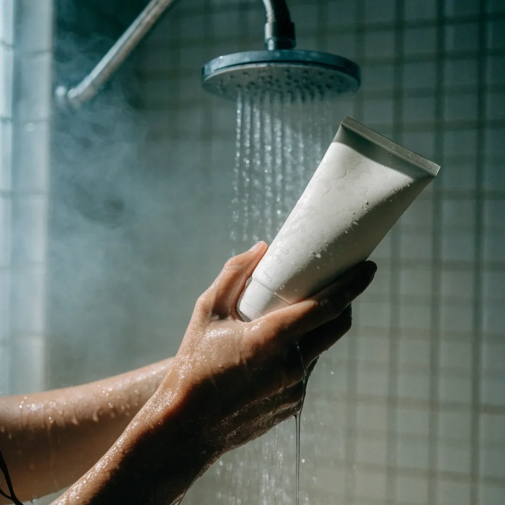 Tube d'après-shampoing mat sans marque photographié seul sur fond blanc