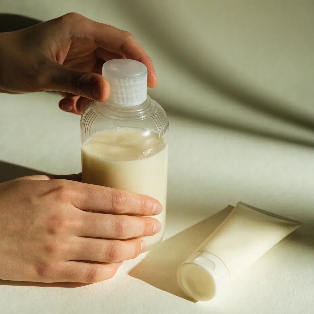 Duo shampoing et après-shampooing sans marque côte à côte sur du papier clair