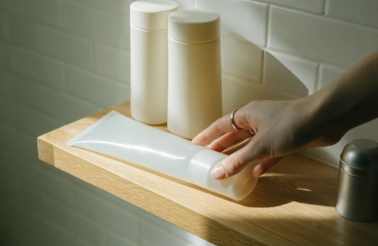 Flacons de soin sans marque regroupés et un flacon tenu à l'écart sur un fond papier clair