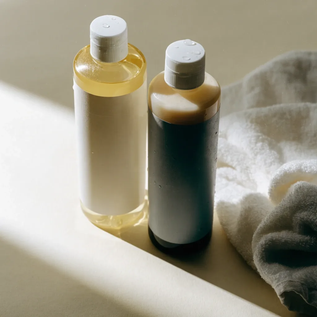 Flacons de shampoing et après-shampooing sans marque alignés sur fond papier