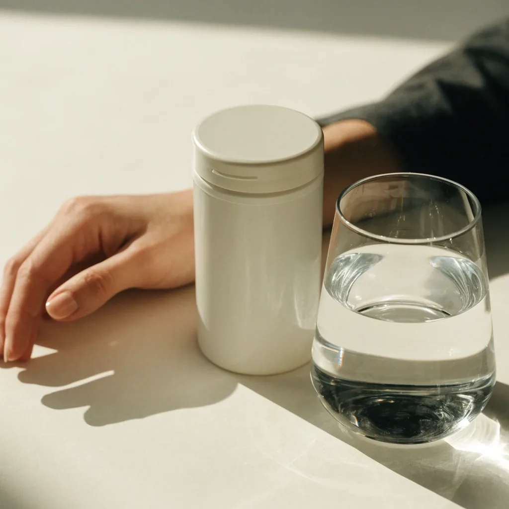 Pot de complément beauté sans marque posé auprès d'un verre d'eau sur fond papier