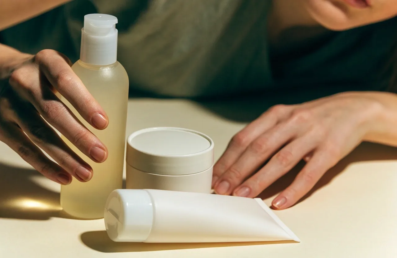 Un flacon de shampoing, un pot de masque et un tube de soin disposés en rangée sur un fond papier clair