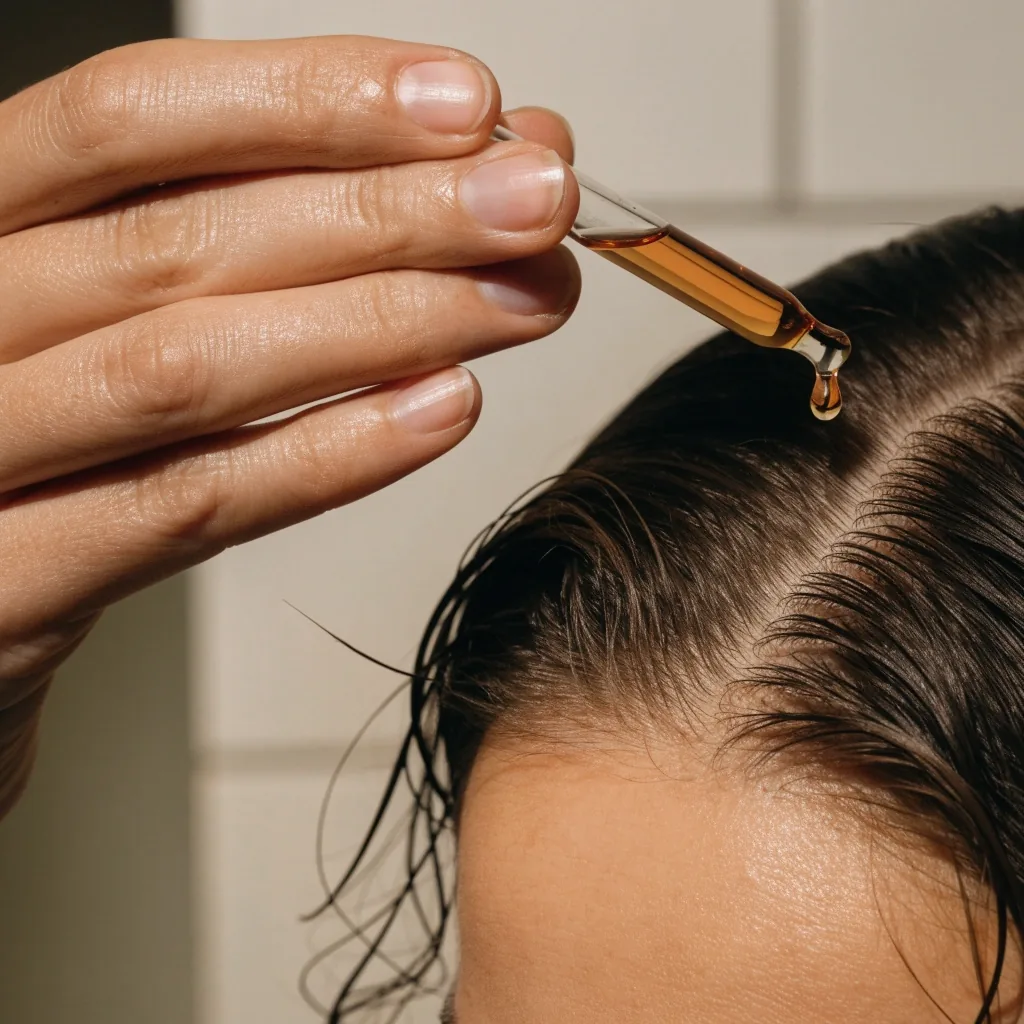 Un petit flacon compte-gouttes en verre tenu au-dessus d'une raie de cheveux, gros plan sur la main et le verre