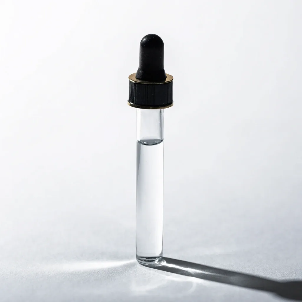 Flacon compte-gouttes en verre sans marque photographié seul sur un papier clair