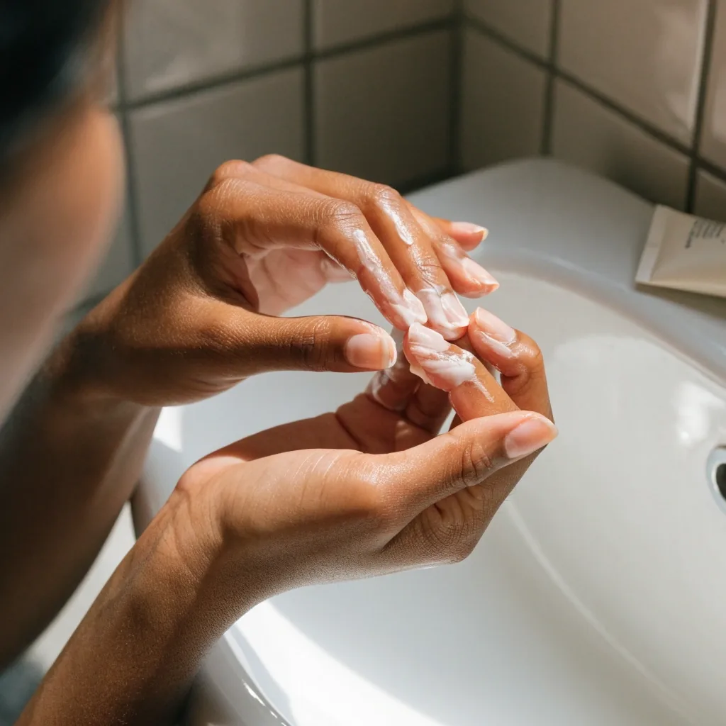 Détail d'une main aux ongles nus posée près d'un tube de crème sans marque